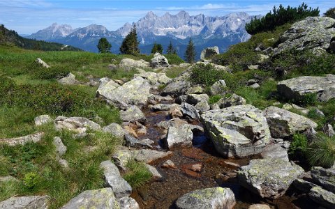 Reiteralm Rundweg Ablauf des Spiegelsees. Im Hintergrund der Dachstein.